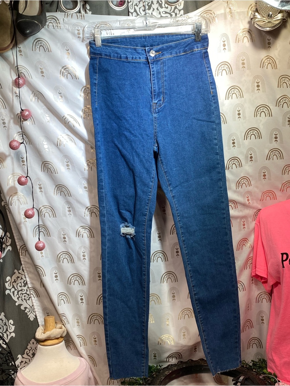 SHEIN Blue High-Rise Skinny Jeans with Knee Rip